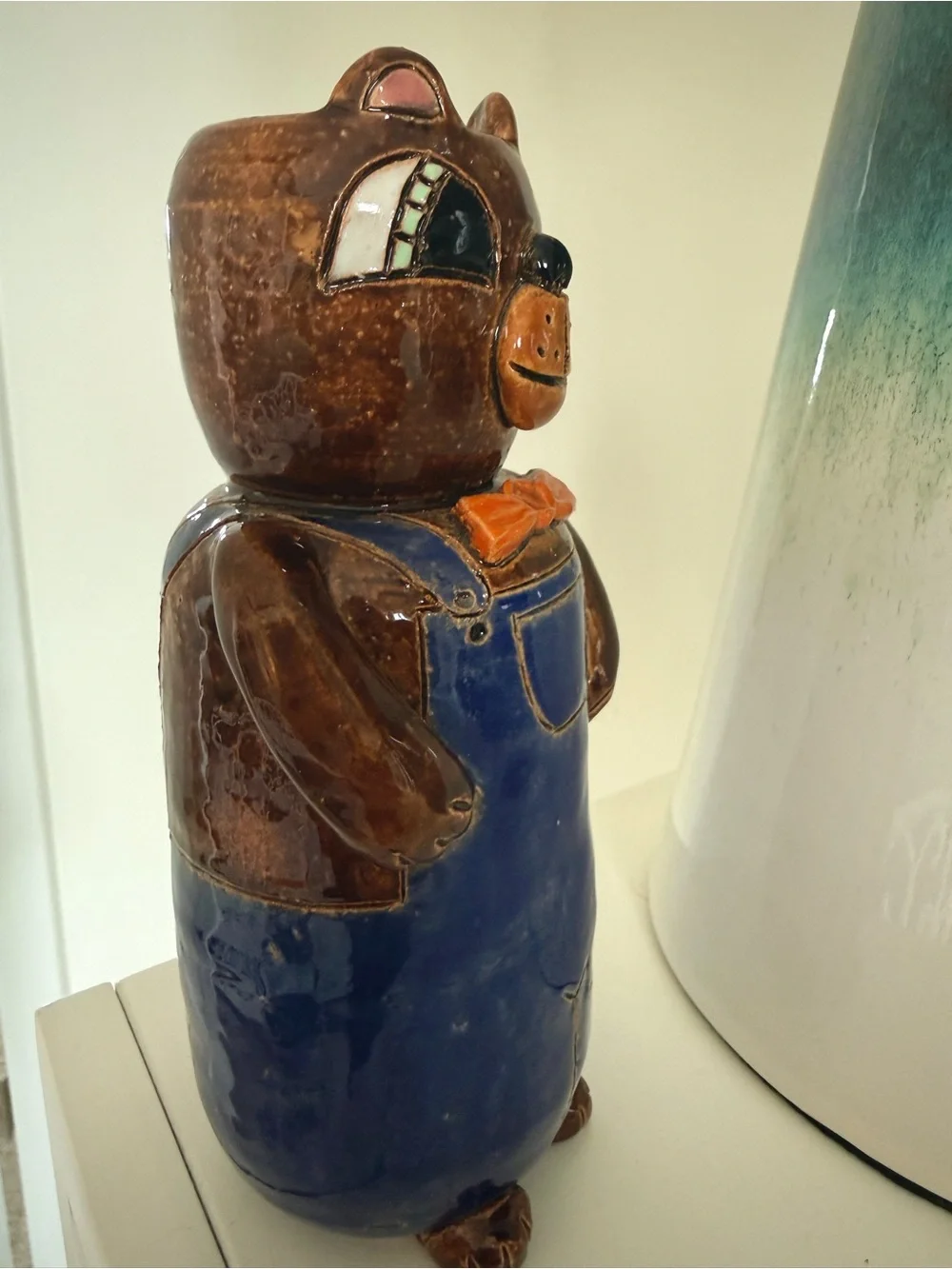 Handmade Pottery Bear Vase Folk Art Blue Overalls Rustic Cabin Decor